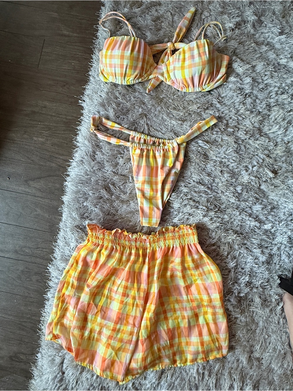 Skatie Yellow Orange Plaid Three-Piece Swim Set
